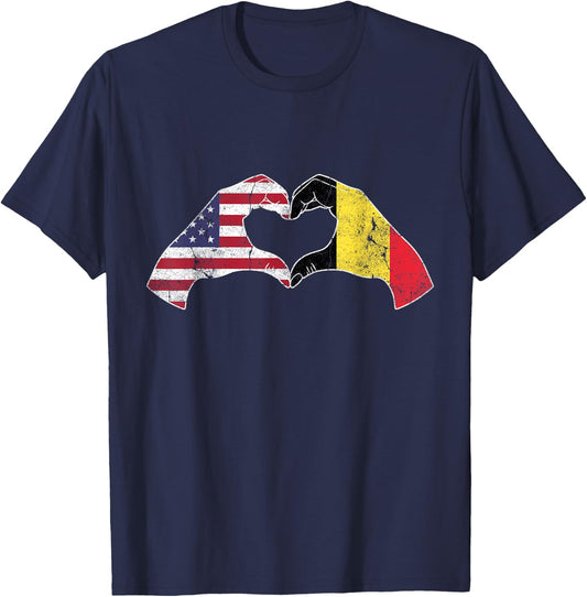 USA Belgium Hand Flag Heart Belgian Americans Love T-Shirt - T-Shirt | Navy