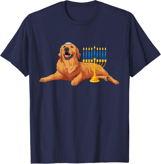 Jewish Golden Retriever Dog Menorah Hanukkah Pajamas T-Shirt - T-Shirt | Navy