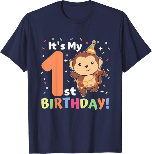 Monkey 1st Birthday For Kids One Year Old Monkey T-Shirt - T-Shirt | Navy