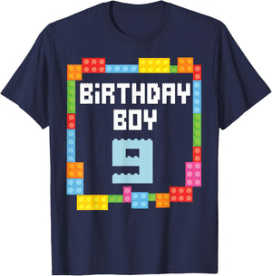 9th birthday Boy master builder 9 years old block building T-Shirt - T-Shirt | Navy