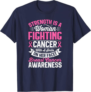 Strength Is a Woman Fighting Breast Cancer Awareness T-Shirt - T-Shirt | Navy