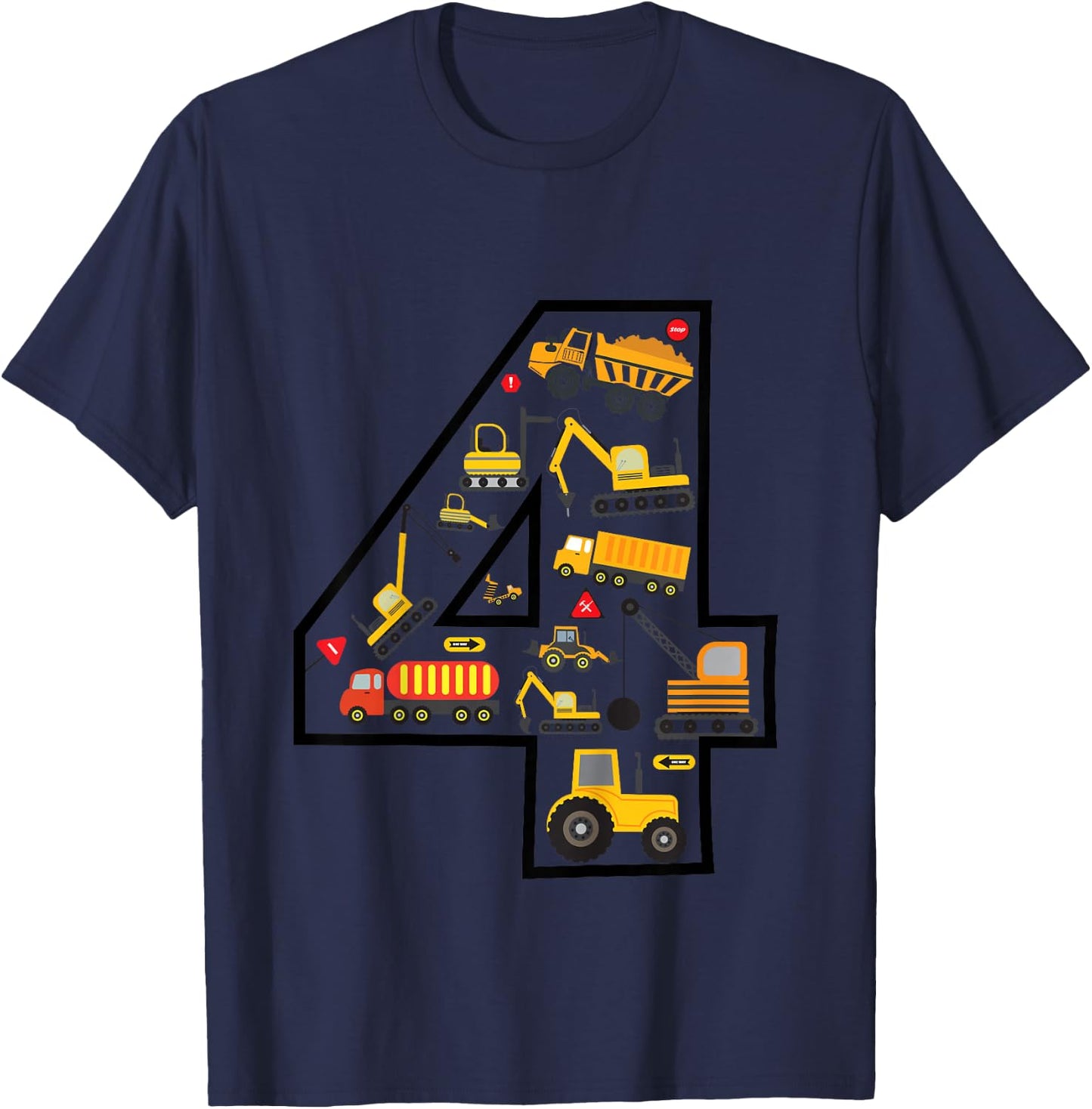 Kids Construction Truck 4th Birthday Boy Excavator 4 Years Digger T-Shirt - T-Shirt | Navy