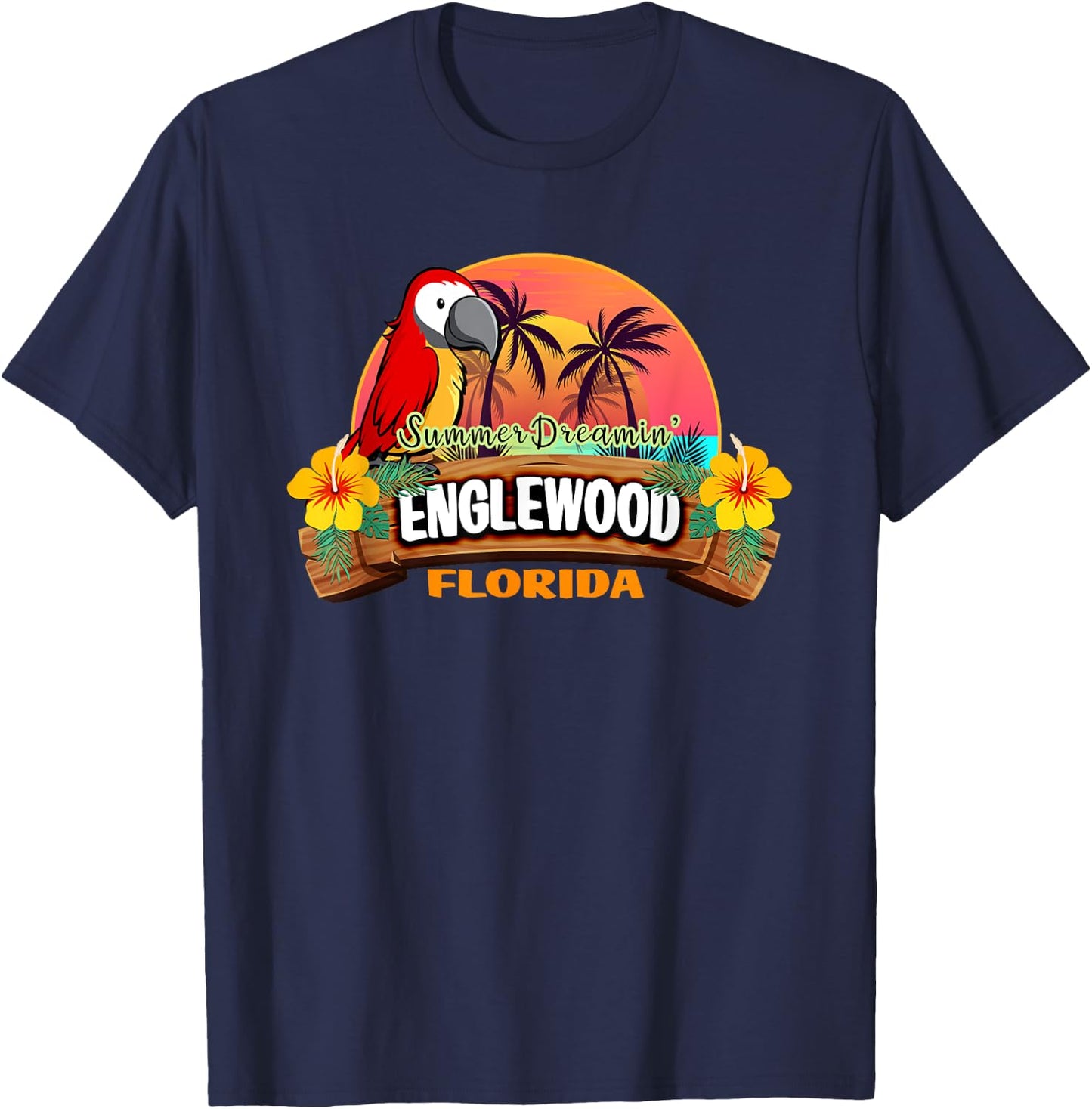 Englewood Florida USA Tropical Beach Parrot Palm Trees Women Kids T-Shirt - T-Shirt | Navy
