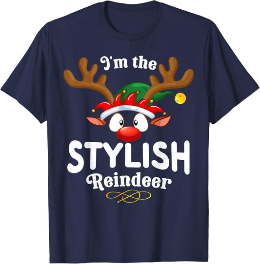 Christmas PJS Stylish XMas Reindeer Matching T-Shirt - T-Shirt | Navy