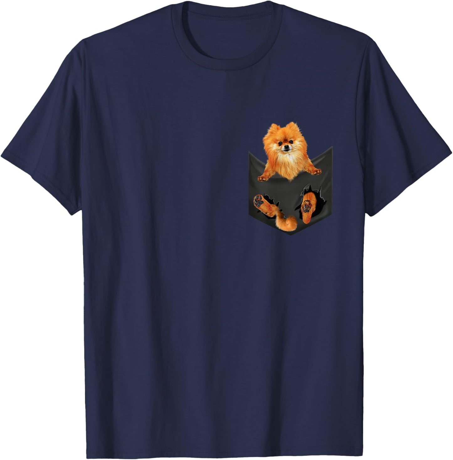 Pomeranian Dog In Pocket, Pom Dog, Pom-Pom puppy peeking T-Shirt - T-Shirt | Navy