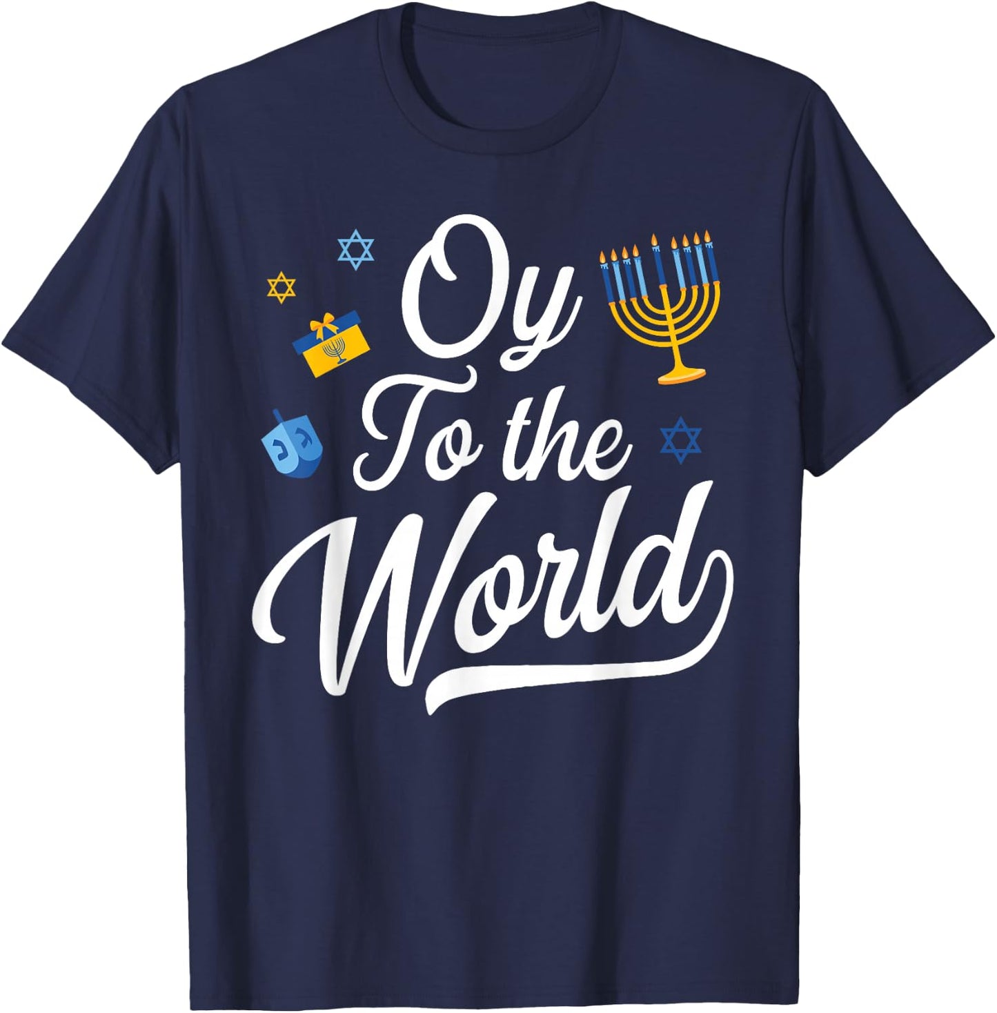 Oy To The World Jewish Hanukkah Menorah Ugly Style T-Shirt - T-Shirt | Navy