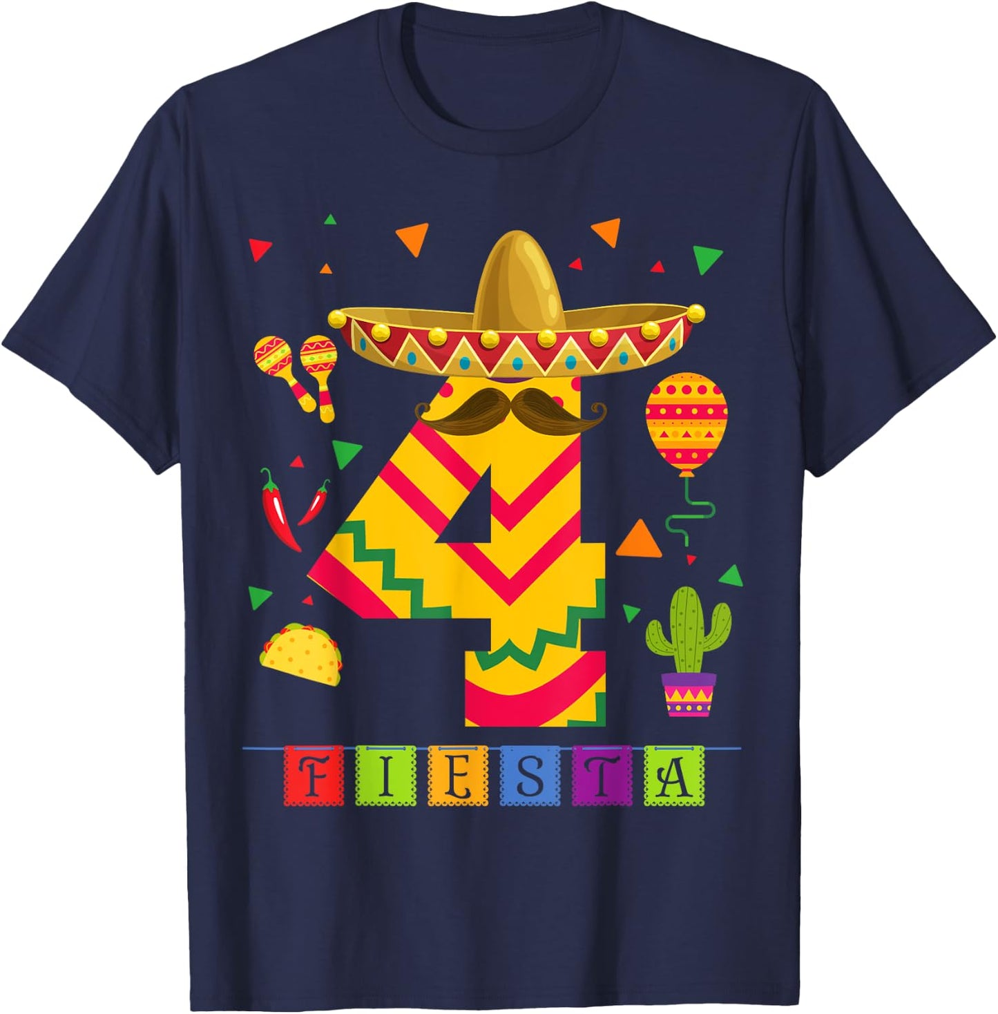 Kids 4th Birthday Fiesta Mexican Themed Party 4 Year Old Boy T-Shirt - T-Shirt | Navy