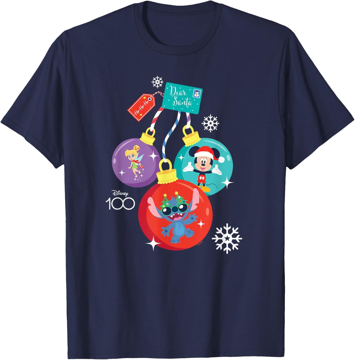 Disney 100 Mickey Stitch Tinker Bell Christmas Ornaments T-Shirt - T-Shirt | Navy