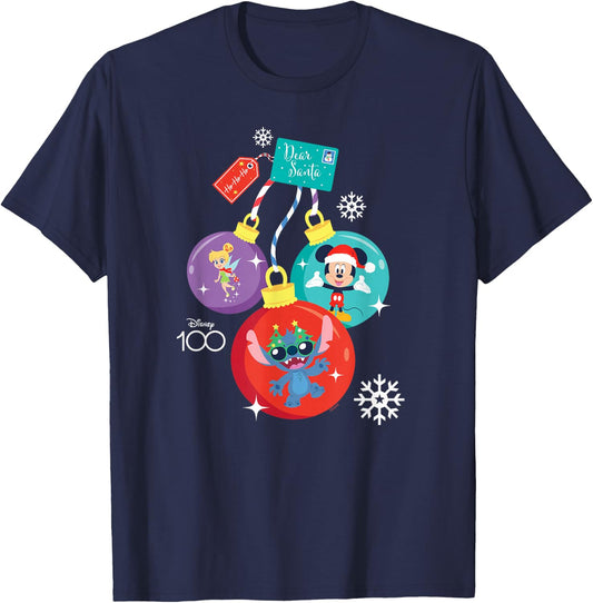 Disney 100 Mickey Stitch Tinker Bell Christmas Ornaments T-Shirt - T-Shirt | Navy