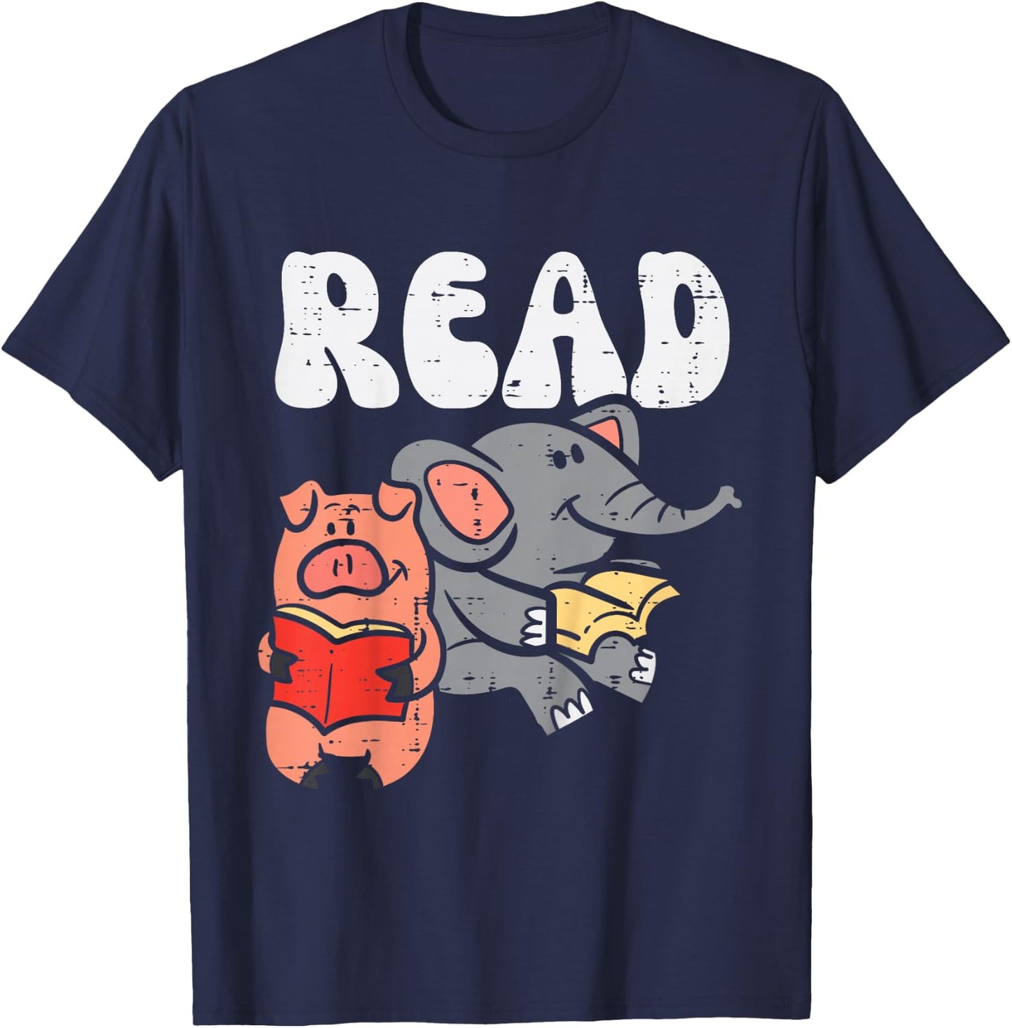Pig Elephant Reading Cute Book Lover Bookworm Boys Girls Kid T-Shirt - T-Shirt | Navy
