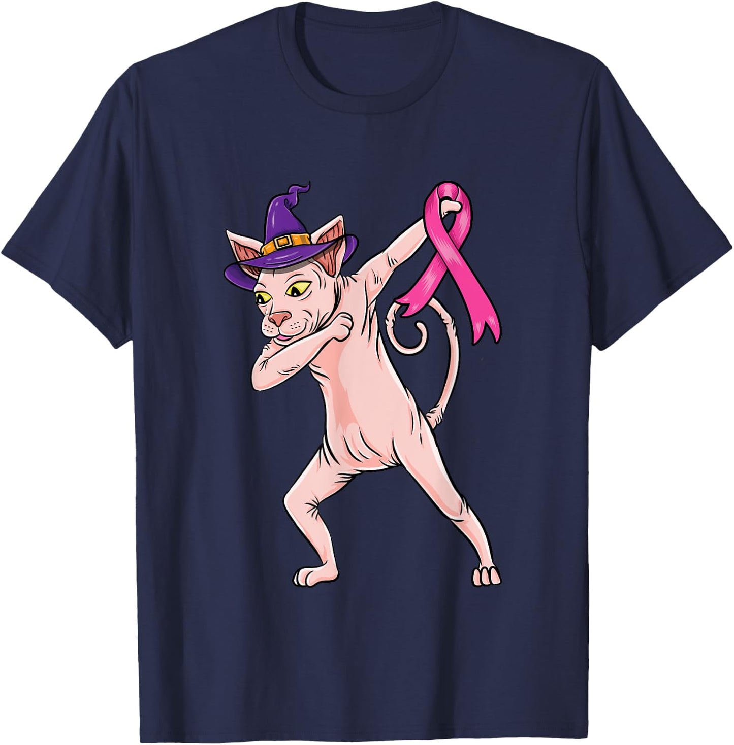 Dabbing Witch Sphynx Cat Breast Cancer Halloween T-Shirt - T-Shirt | Navy