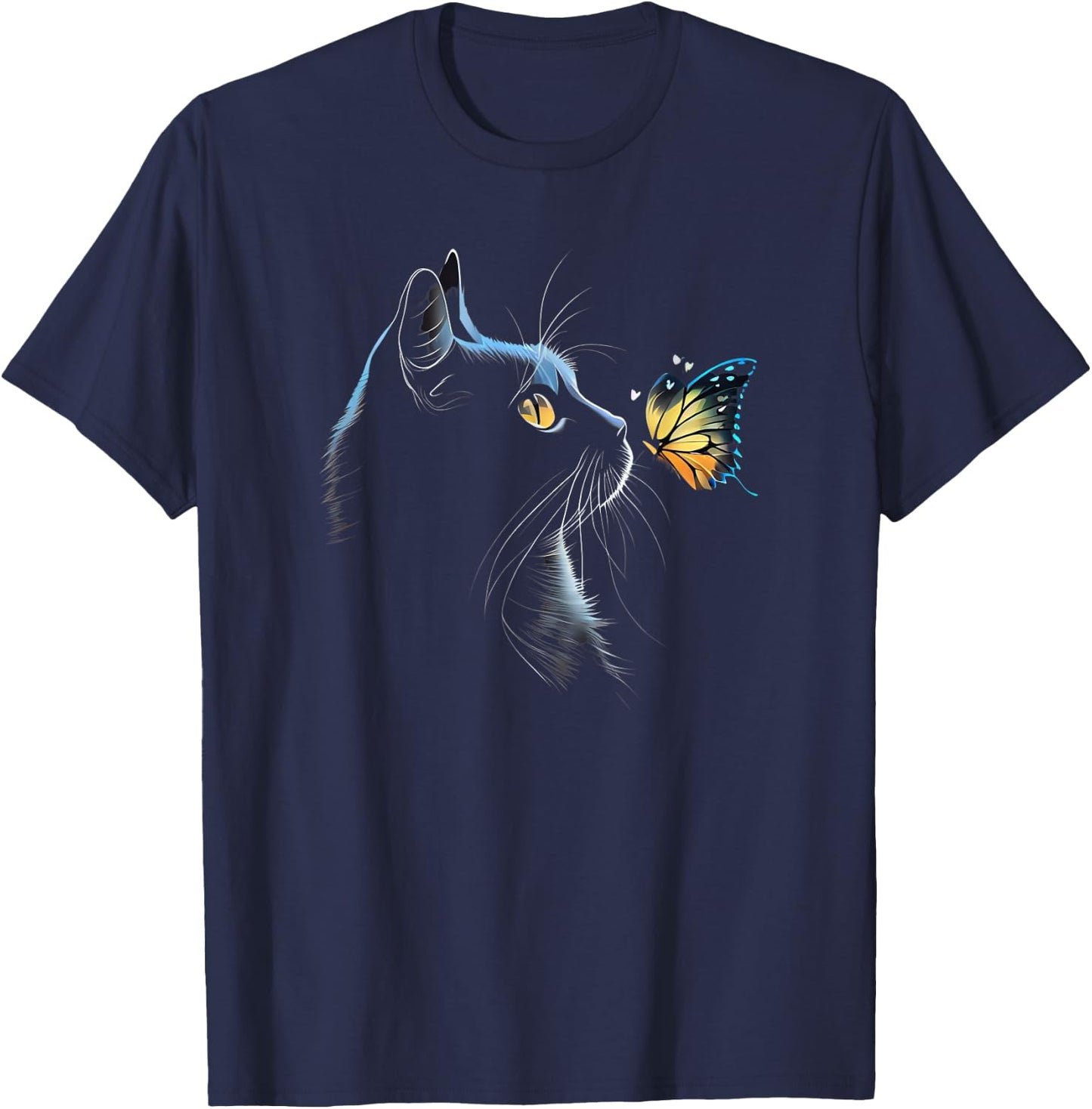 Cat Face - with Butterfly T-Shirt - T-Shirt | Navy