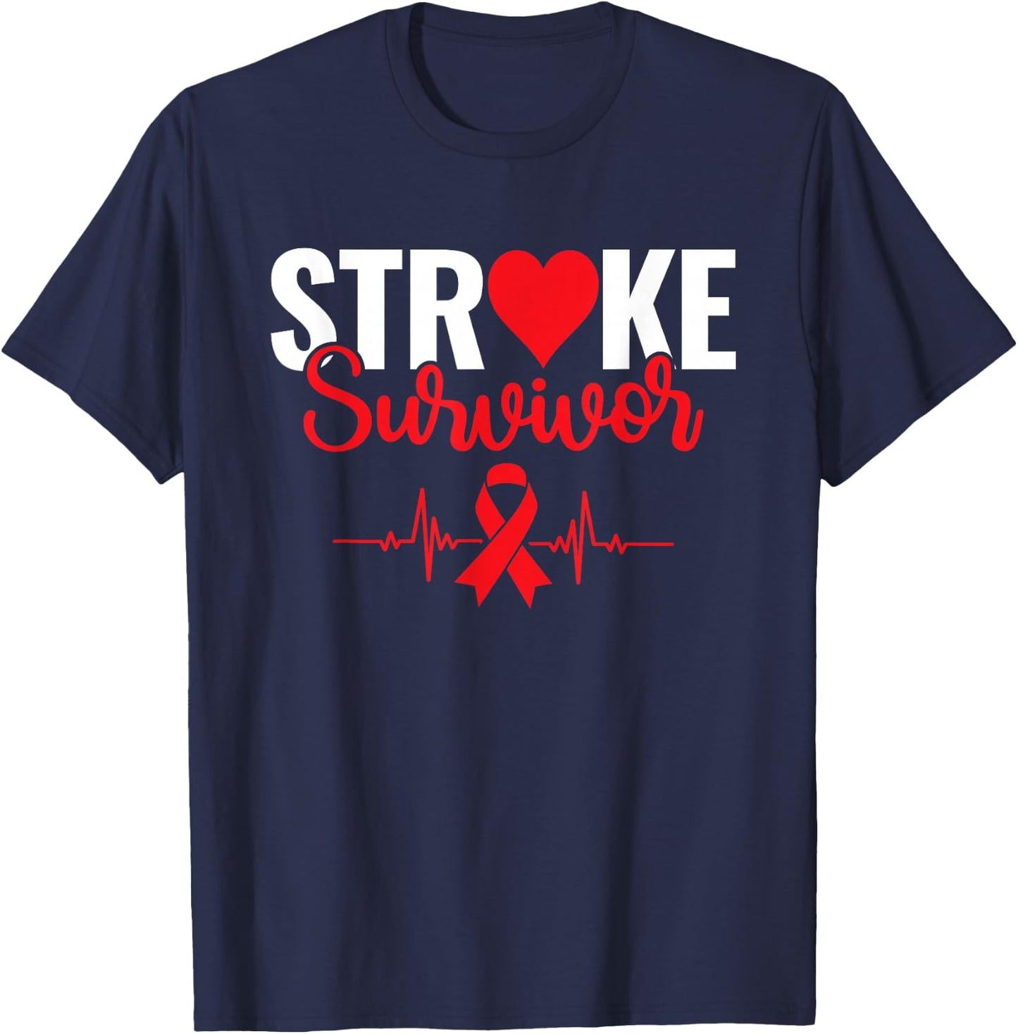 Stroke Survivor - Stroke Awareness Heart Red Ribbon T-Shirt - T-Shirt | Navy