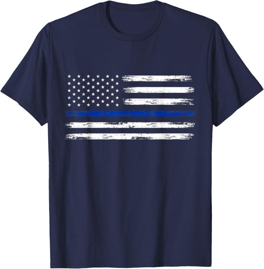 Police Officer US USA American Flag Thin Blue Line T-Shirt - T-Shirt | Navy