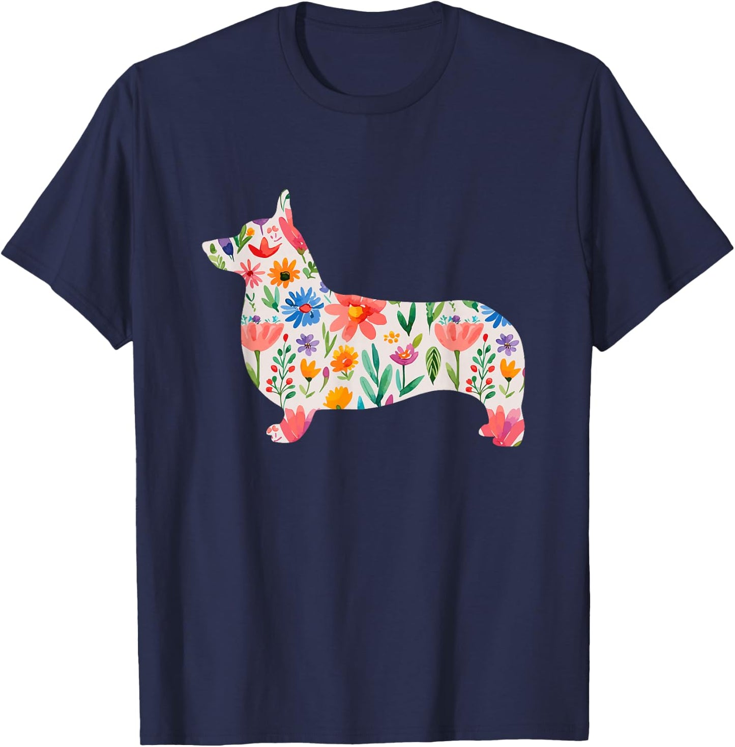 Pembroke Welsh Corgi watercolor flowers design T-Shirt - T-Shirt | Navy