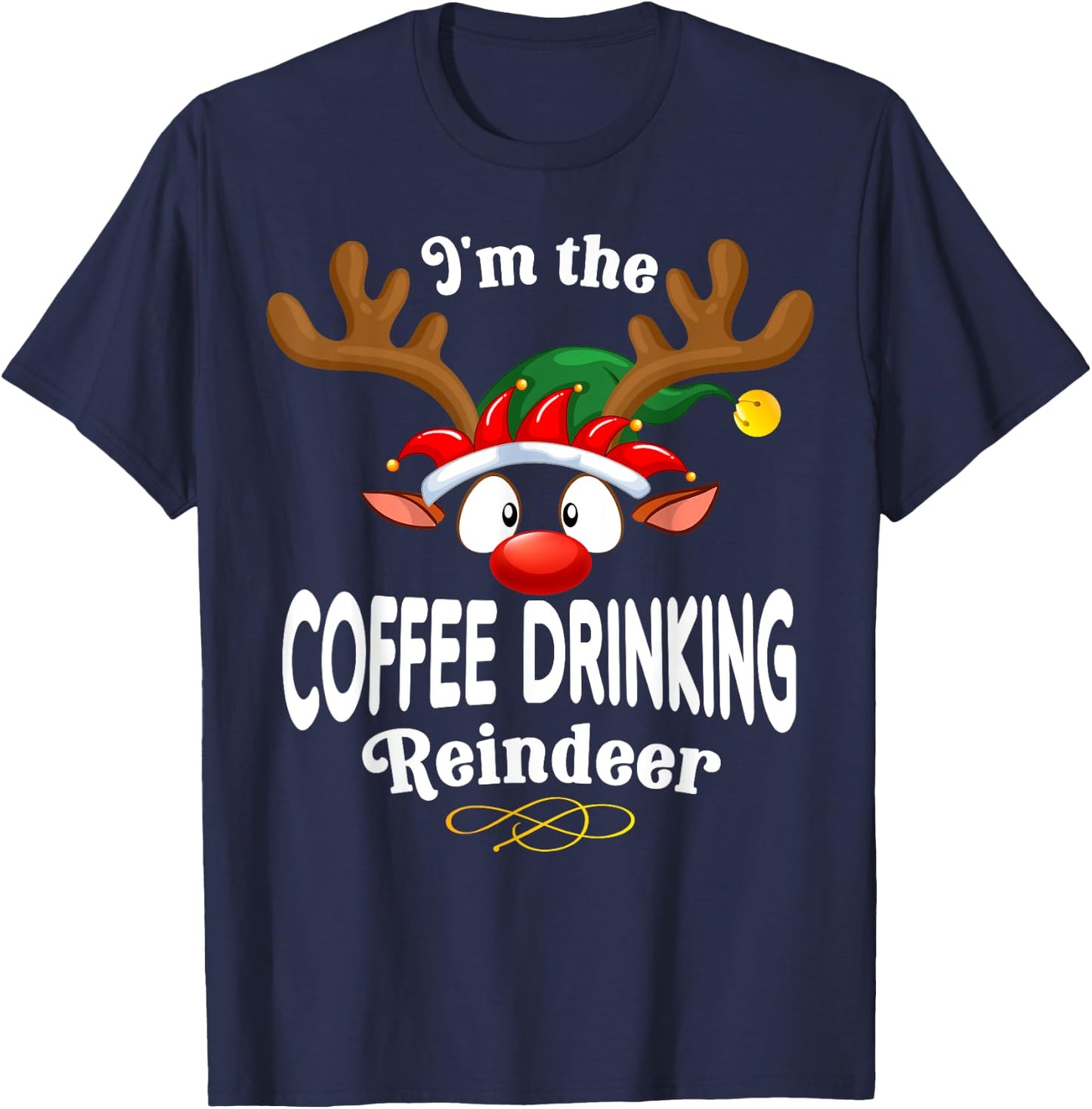 Christmas PJS Coffee drinking XMas Reindeer Matching T-Shirt - T-Shirt | Navy