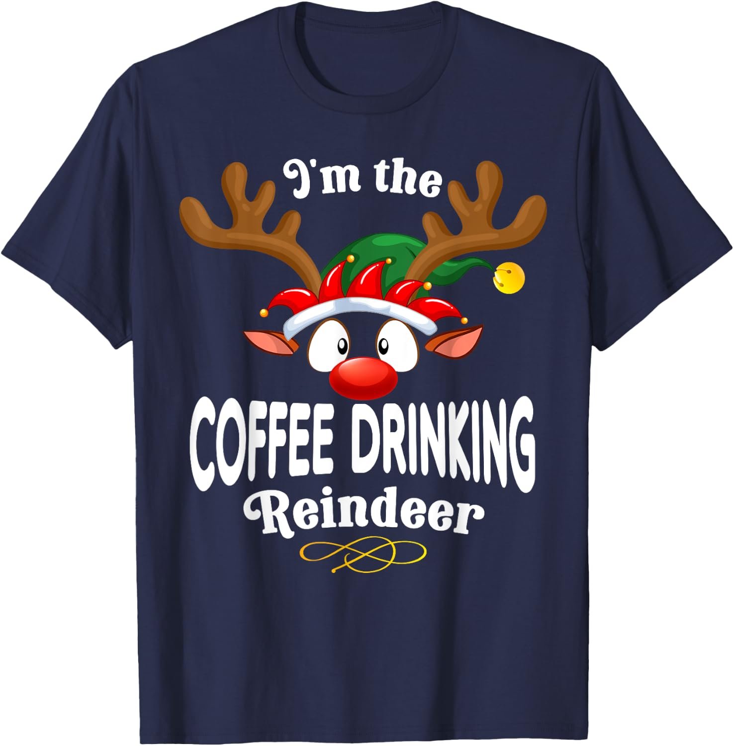 Christmas PJS Coffee drinking XMas Reindeer Matching T-Shirt - T-Shirt | Navy