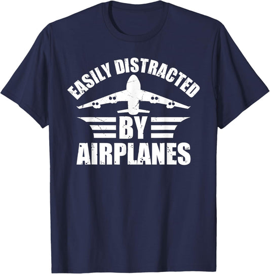 Easily Distracted by Planes - Airplane Lovers T-Shirt - T-Shirt | Navy
