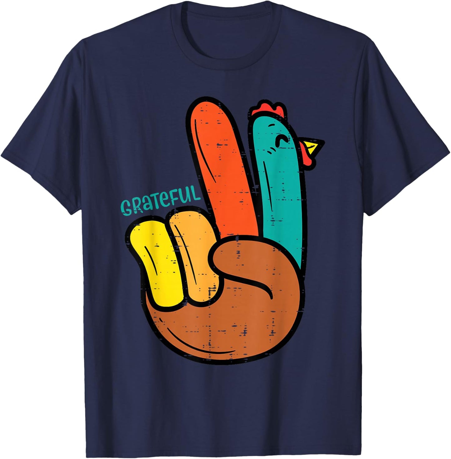 Peace Hand Turkey Grateful Thanksgiving Hippi Men Women Kids T-Shirt - T-Shirt | Navy