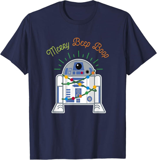 Star Wars Christmas R2-D2 Merry Beep Boop Xmas Lights Logo T-Shirt - T-Shirt | Navy