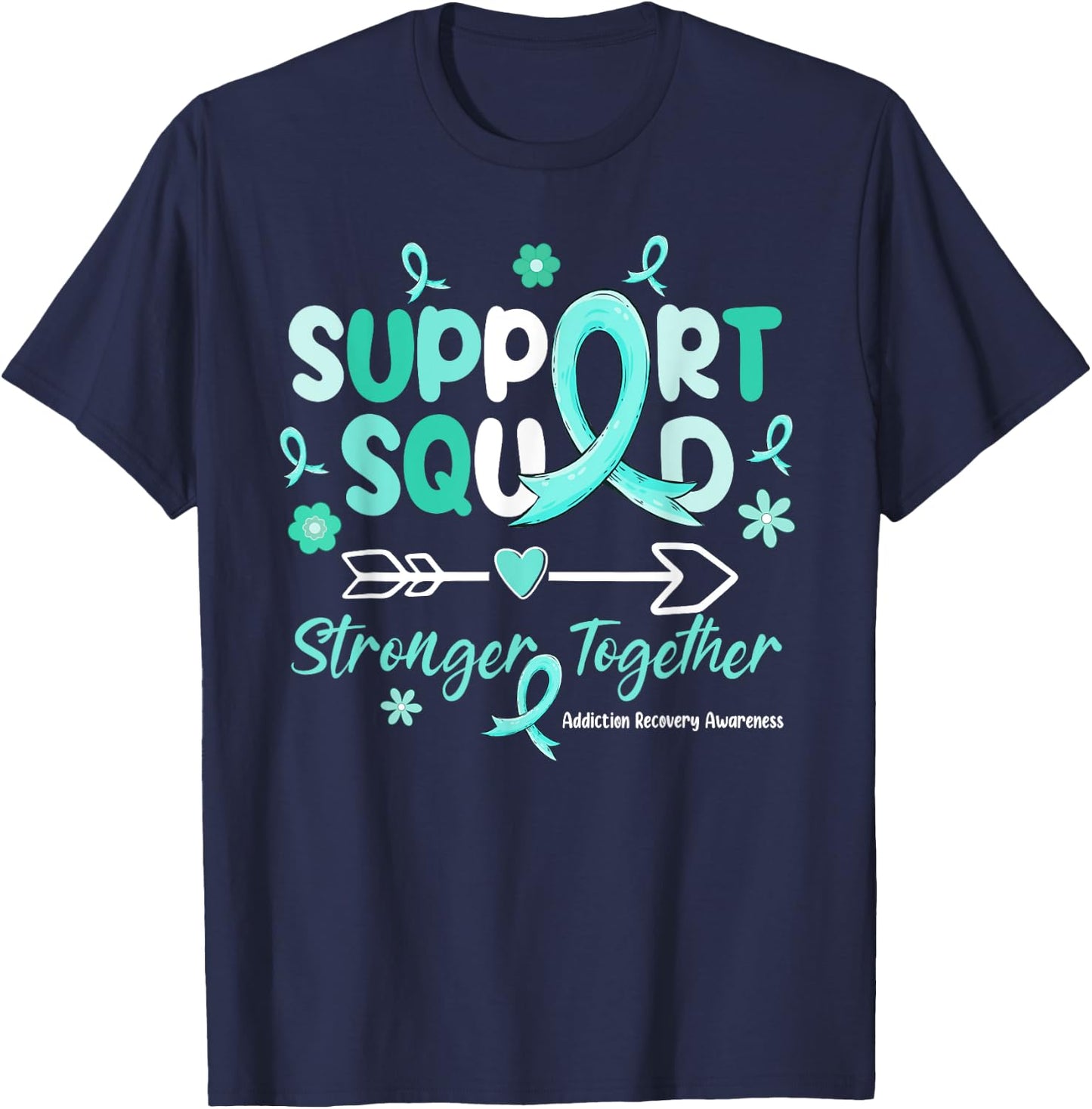 Groovy Support Squad Teal Ribbon Addiction Recovery T-Shirt - T-Shirt | Navy