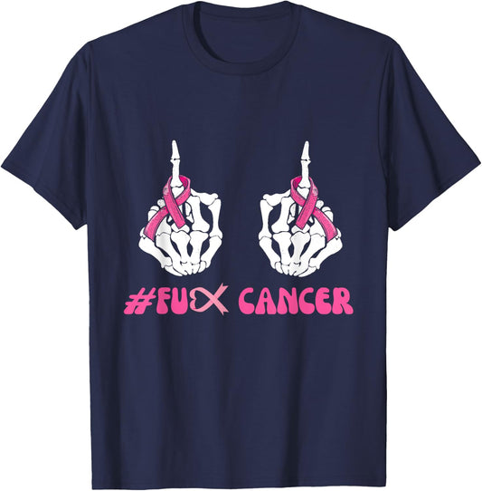 Skeleton Middle Finger Breast Cancer FU Pink Ribbon Cancer T-Shirt - T-Shirt | Navy
