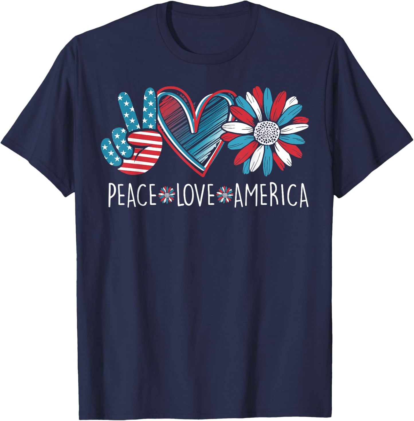 Peace Love America Daisy 4th July Patriotic US American Flag T-Shirt - T-Shirt | Navy