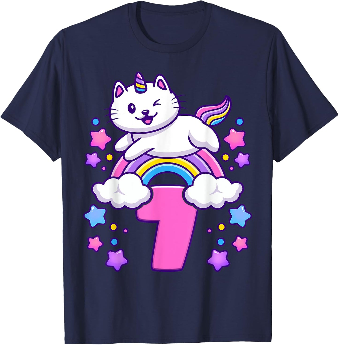 Birthday girl 7 years old, cat, unicorn, 7th birthday T-Shirt - T-Shirt | Navy