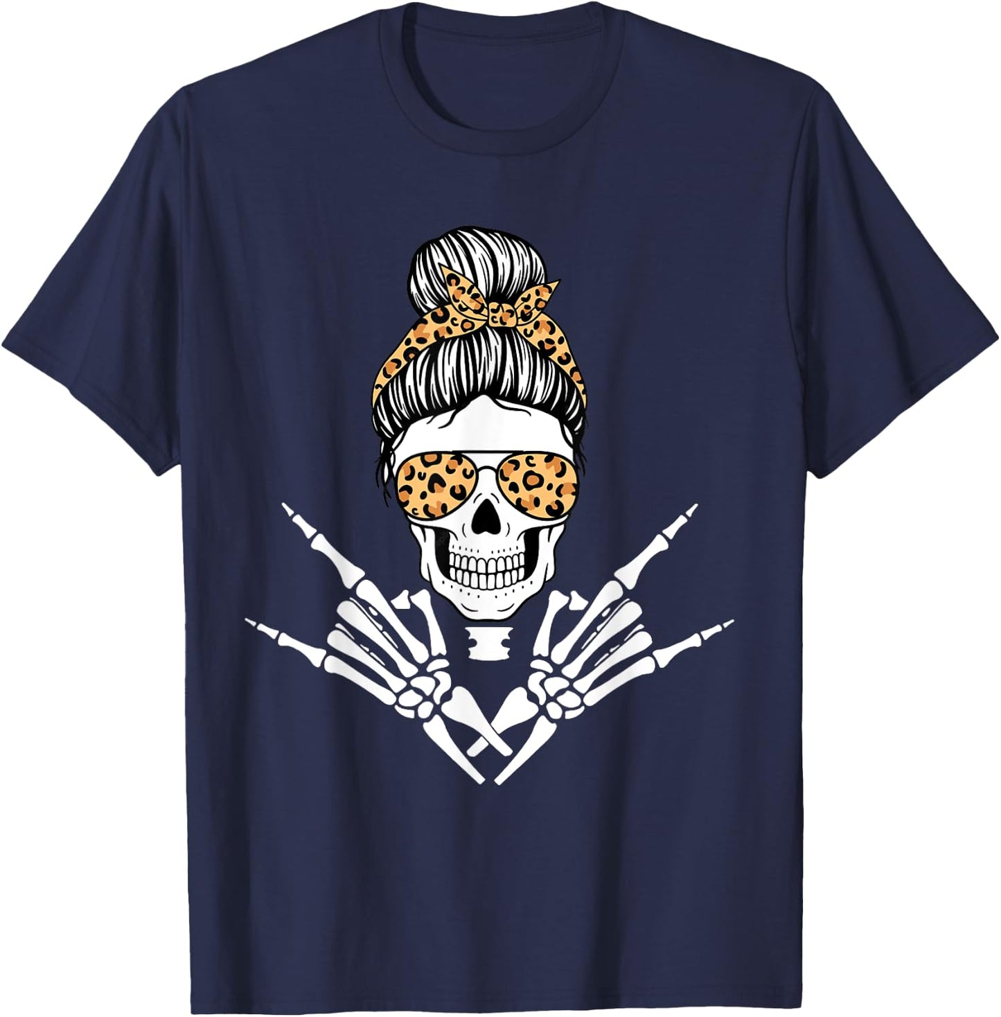 Rocker Skeleton Hand Rock On Leopard Messy Bun Halloween T-Shirt - T-Shirt | Navy