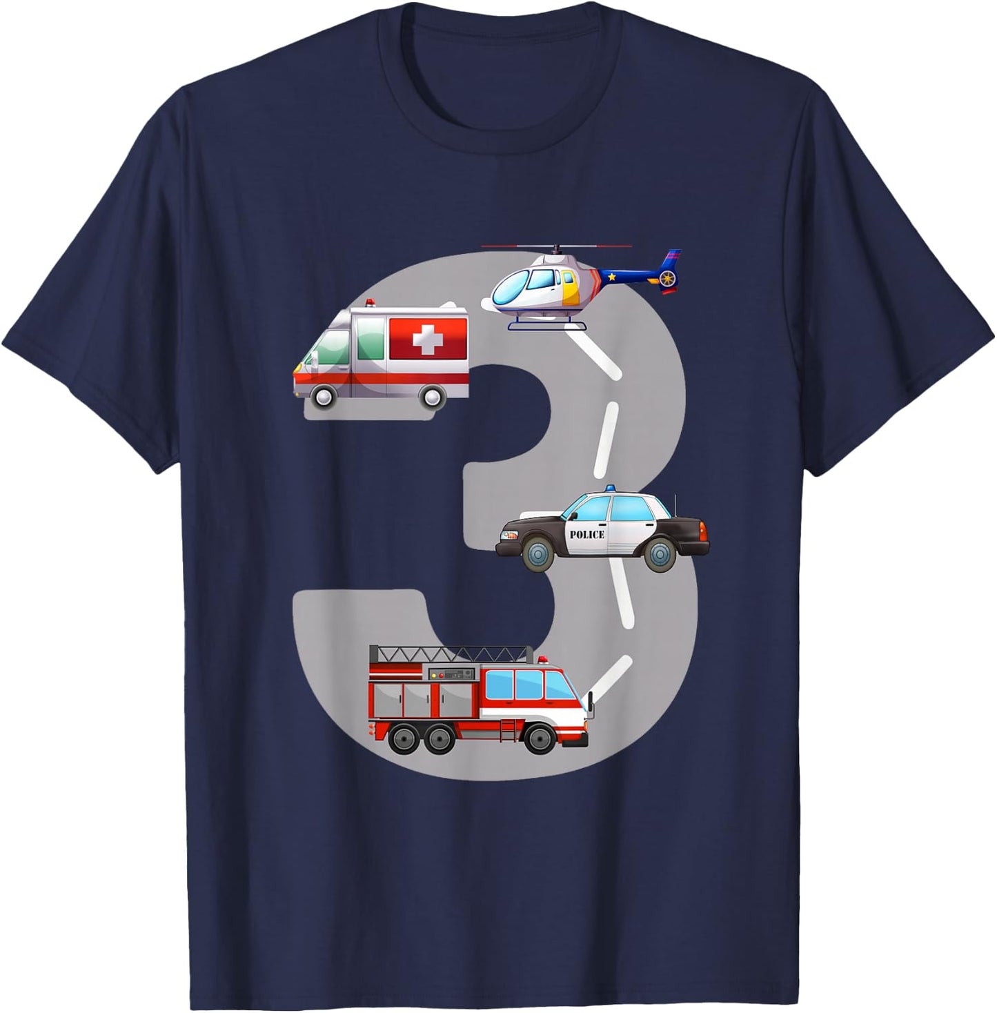 Emergency Vehicles 3rd Birthday Fire Truck Police Car Boys T-Shirt - T-Shirt | Navy