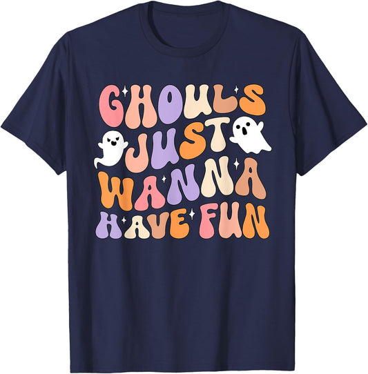 Ghouls Just Wanna Have Fun Spooky Season Groovy Halloween T-Shirt - T-Shirt | Navy