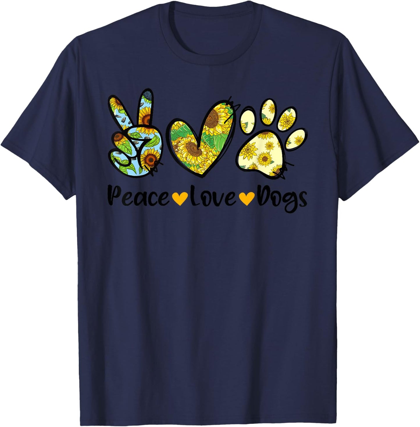 Peace Love Dogs Sunflower Dog Paw Dog Mom Cute Mother's Day Men Women Girls Kids T-Shirt - T-Shirt | Navy