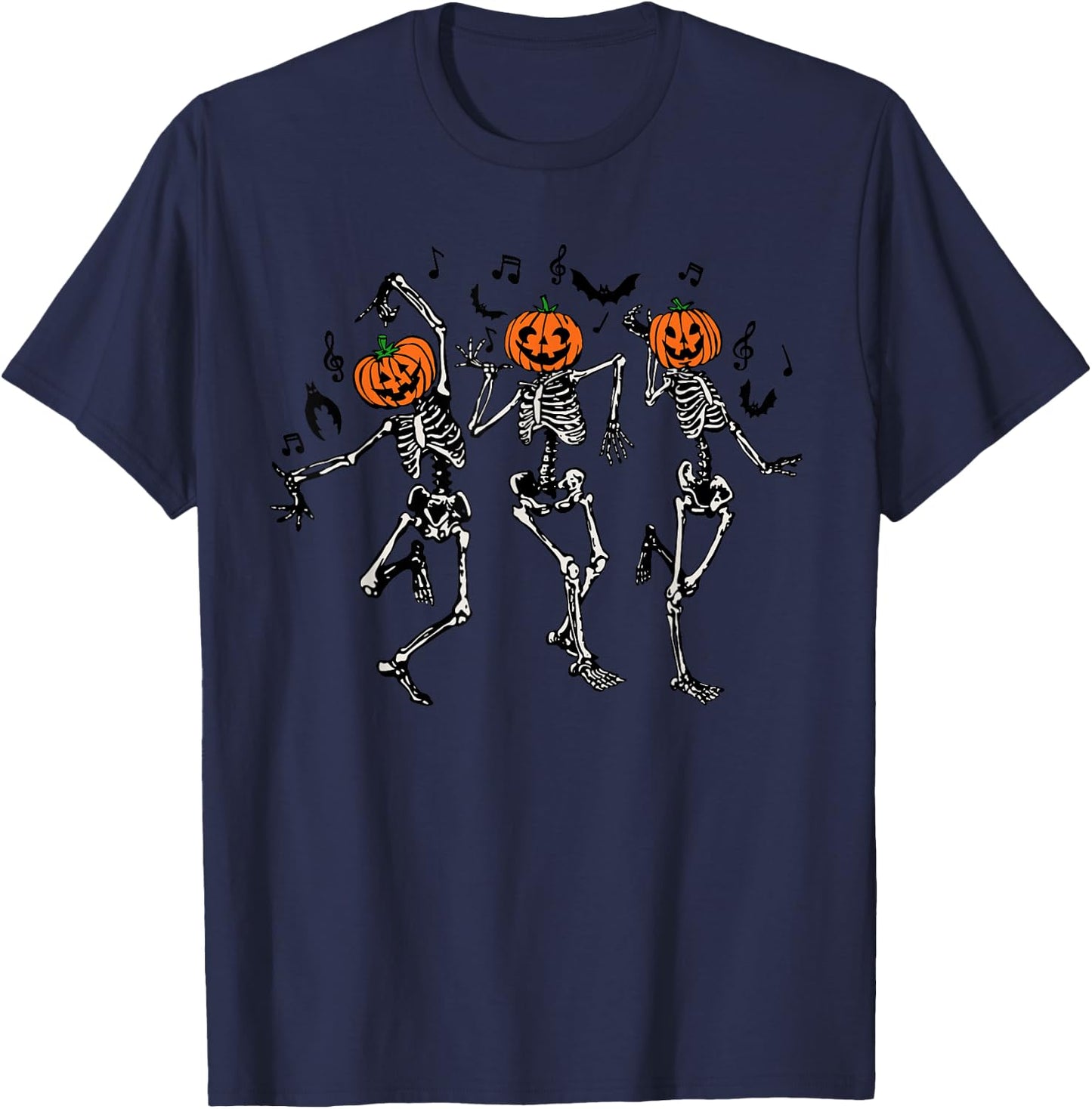 Spooky Dancing Pumpkin Head Skeletons T-Shirt - T-Shirt | Navy