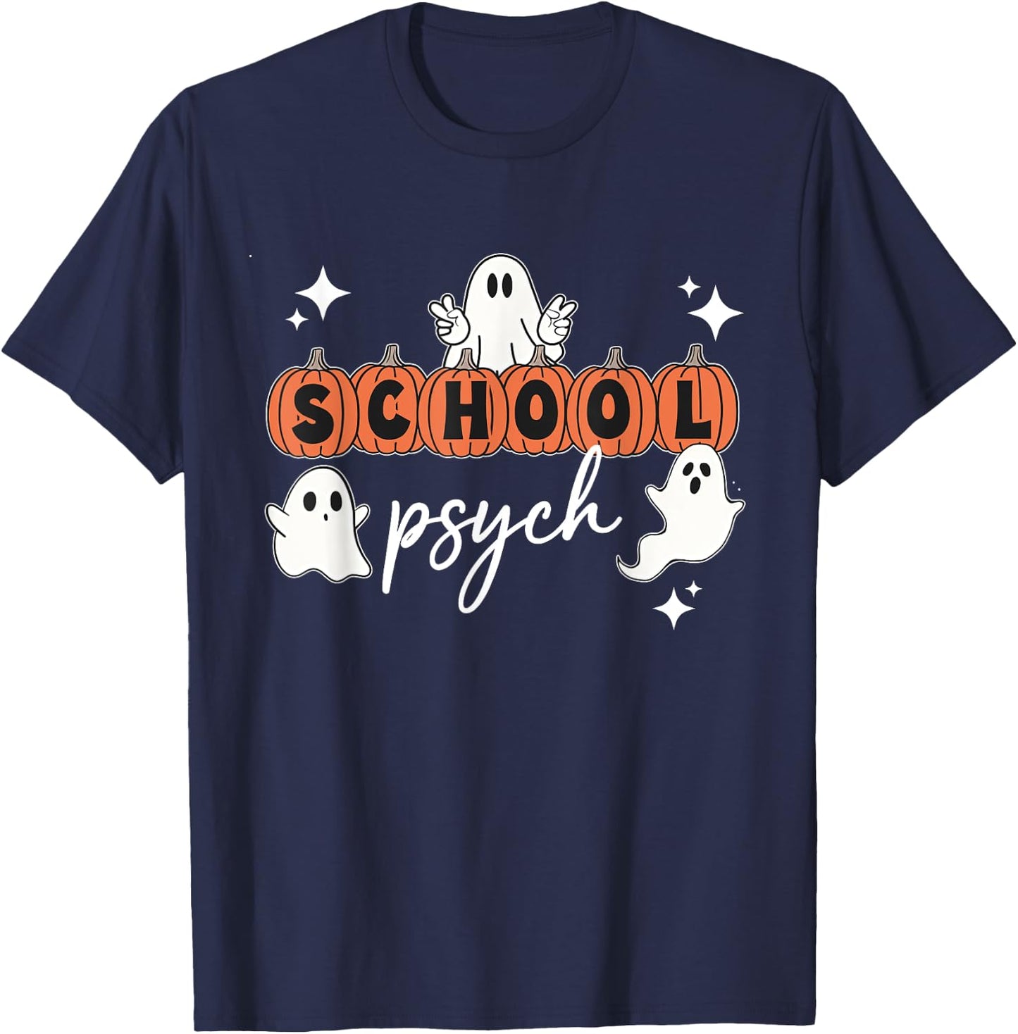 Halloween School Psych Pumpkin Ghost Boo Crew Spooky Season T-Shirt - T-Shirt | Navy