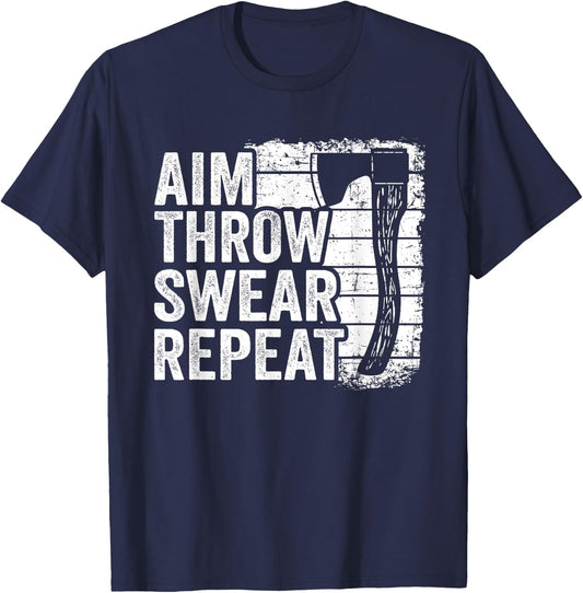 Aim Throw Swear Repeat Hatchet Vintage Funny Axe Throwing T-Shirt - T-Shirt | Navy