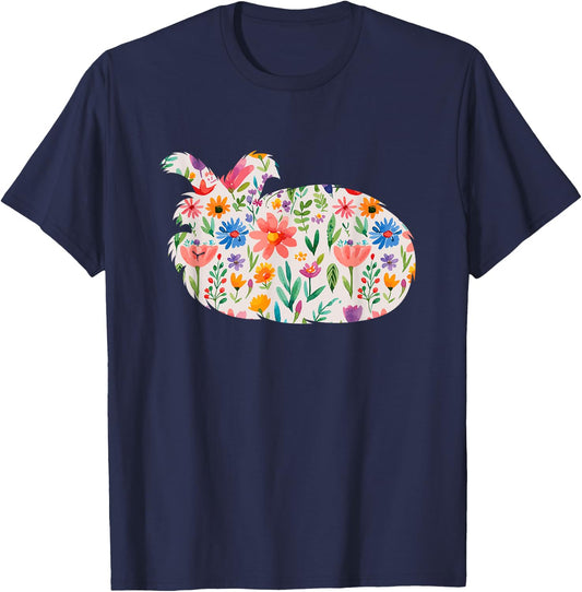 English Angora Bunny Rabbit watercolor flowers design T-Shirt - T-Shirt | Navy