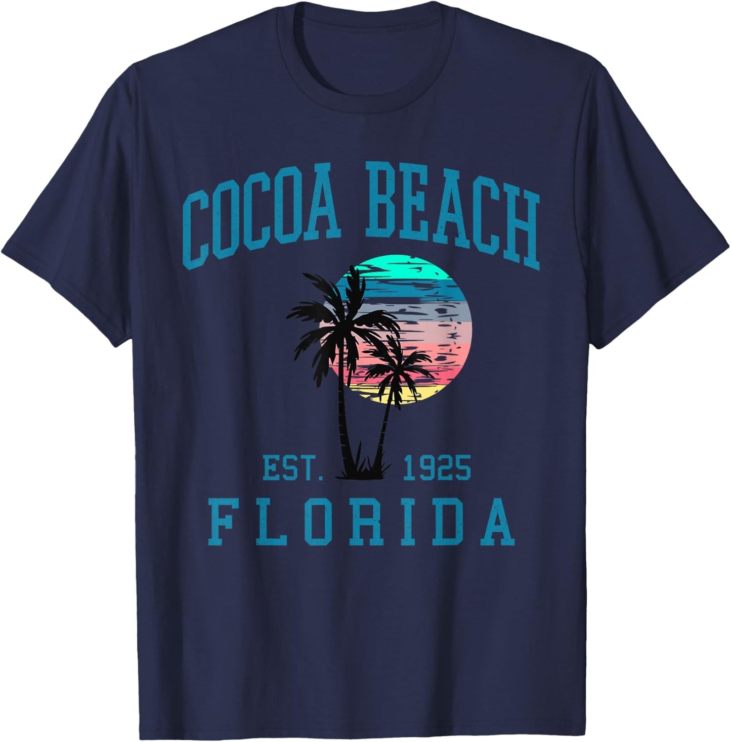 Cocoa Beach Florida Beach Retro Sunset Palm Trees Summer T-Shirt - T-Shirt | Navy