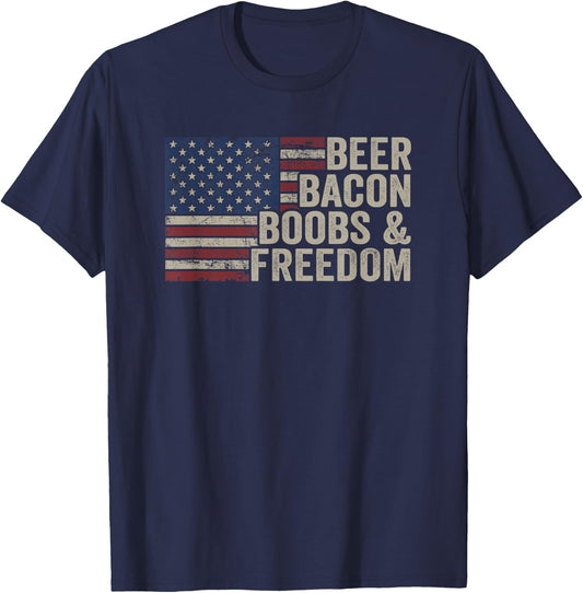 BEER BACON BOOBS & FREEDOM - Vintage USA Flag BBQ Drinking Men T-Shirt - T-Shirt | Navy