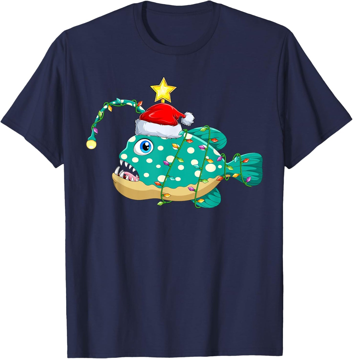 Santa Anglerfish Christmas Apparel Gifts Anglerfish Lighting Xmas Tree Matching Anglerfish Christmas T-Shirt - T-Shirt | Navy