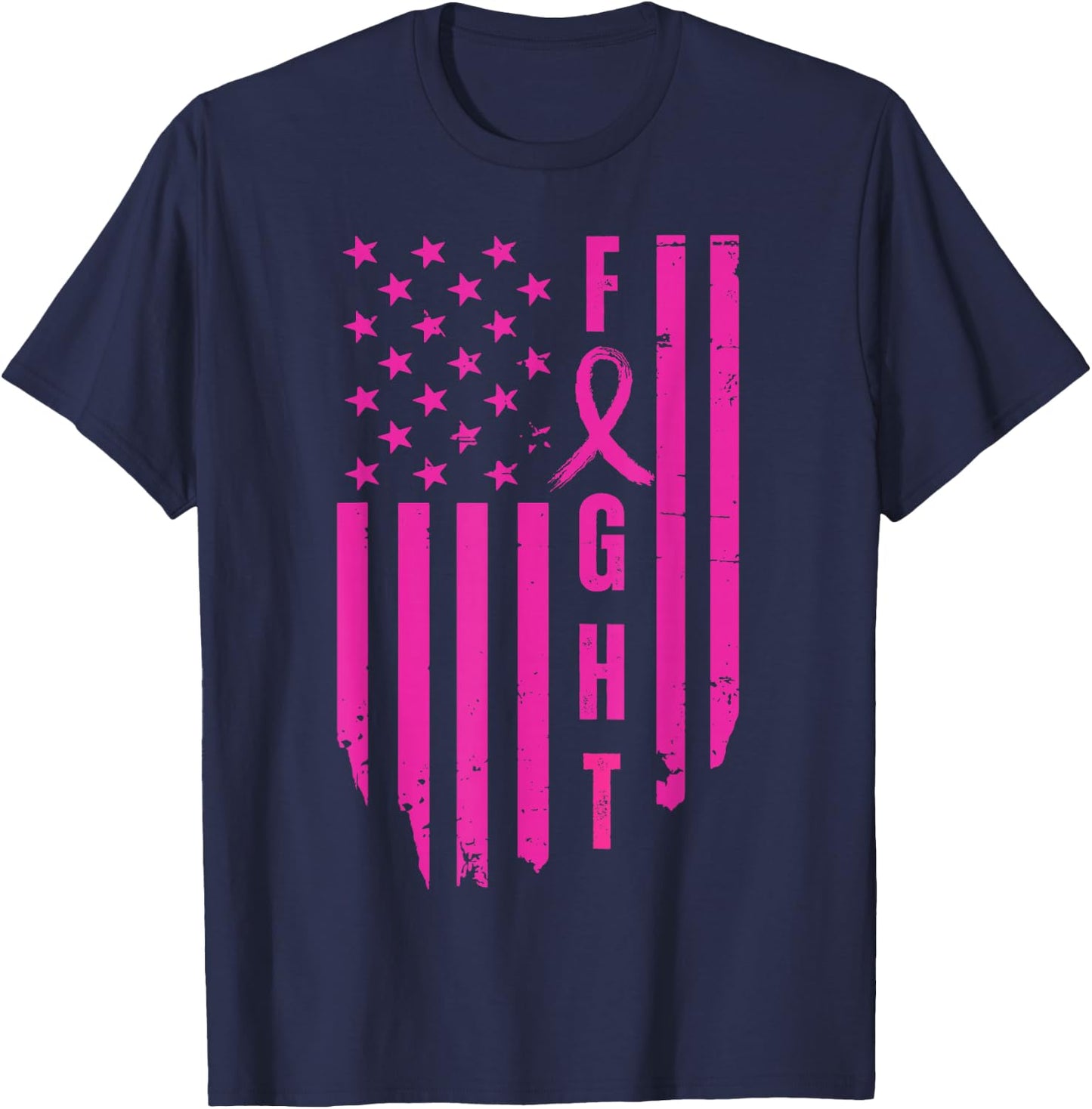 Fight Breast Survivor American Flag Breast Cancer Awareness T-Shirt - T-Shirt | Navy