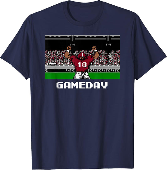 Retro Crimson and White Football Gameday 8 Bit Video Game T-Shirt - T-Shirt | Navy