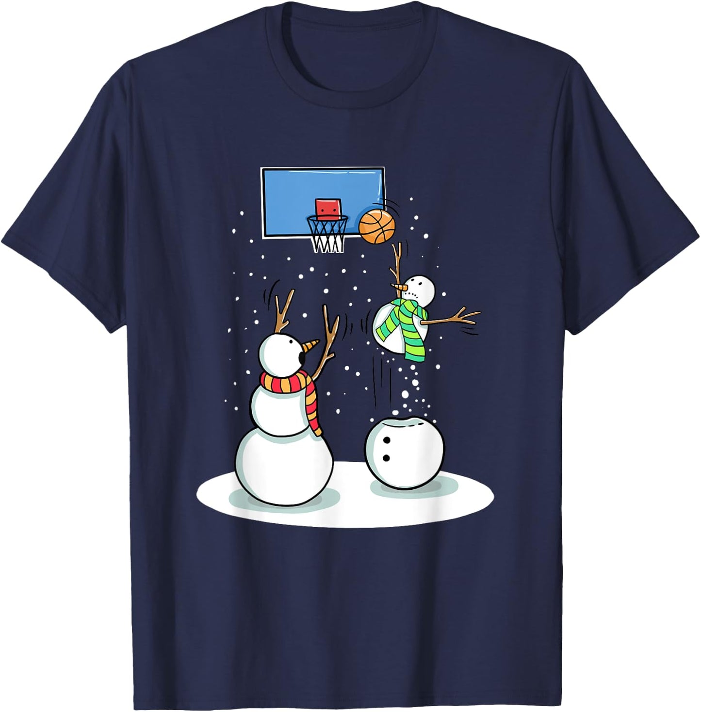 Christmas Snowman Basketball Gifts -Kids Black Basketball & Snowman Winter T-Shirt - T-Shirt | Navy