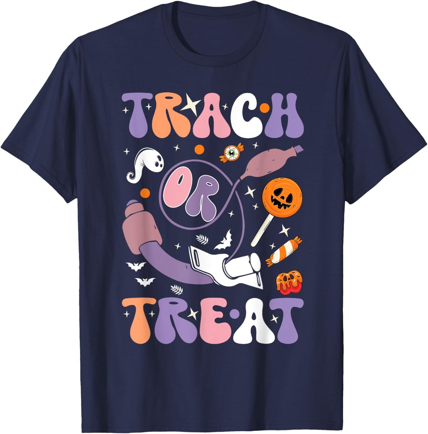 trach or treat nurse respiratory Therapist ICU RN Halloween T-Shirt - T-Shirt | Navy
