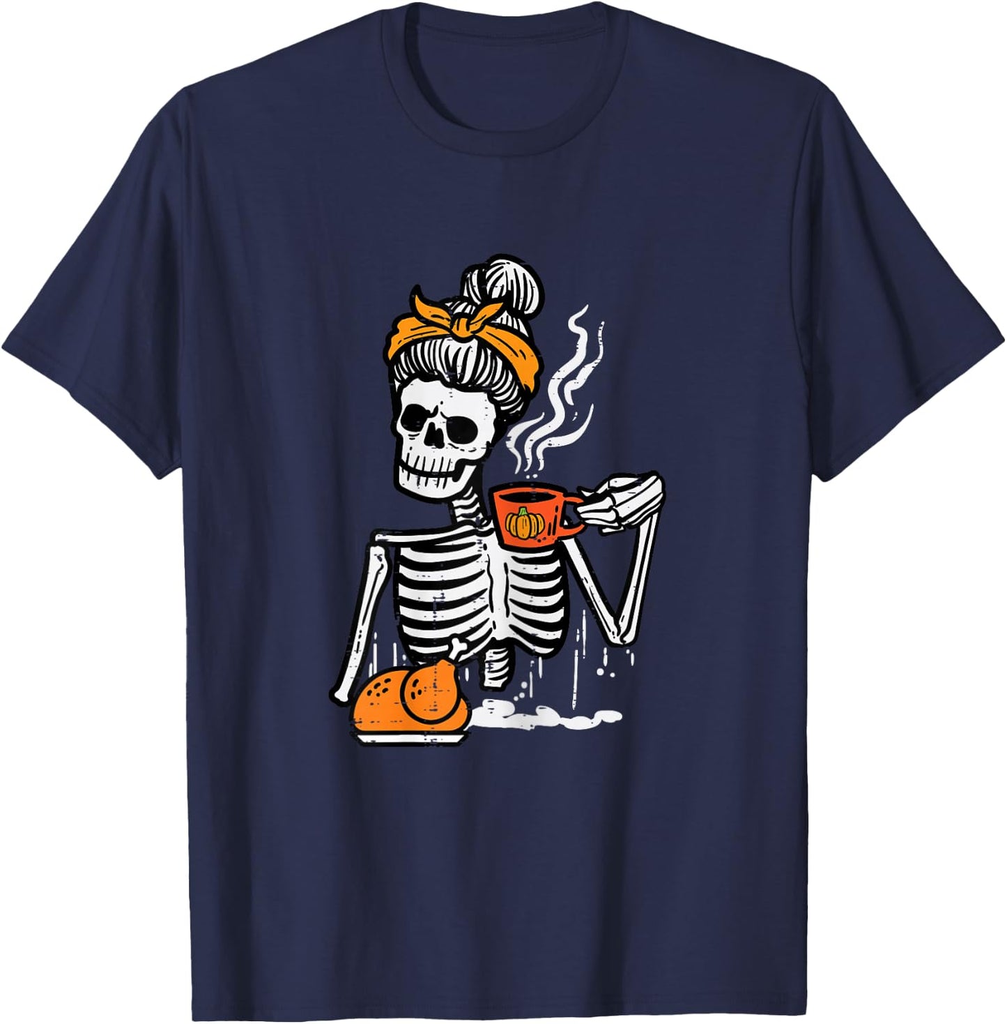 Thanksgiving Skeleton Messy Bun Pumpkin Coffee Women Girls T-Shirt - T-Shirt | Navy