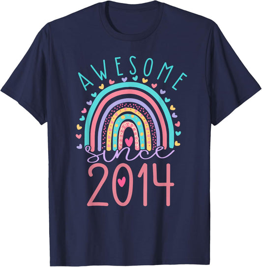 Awesome Since 2014 9th Birthday Rainbow Gifts Girls T-Shirt - T-Shirt | Navy