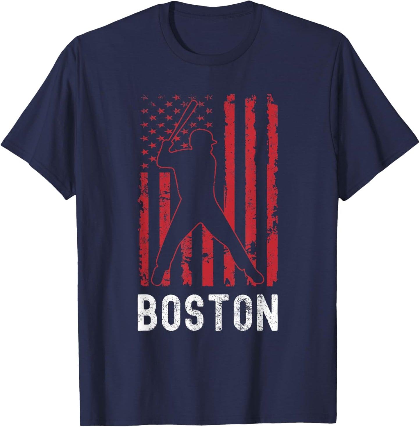 Boston Massachusetts American Flag Baseball Weathered T-Shirt - T-Shirt | Navy