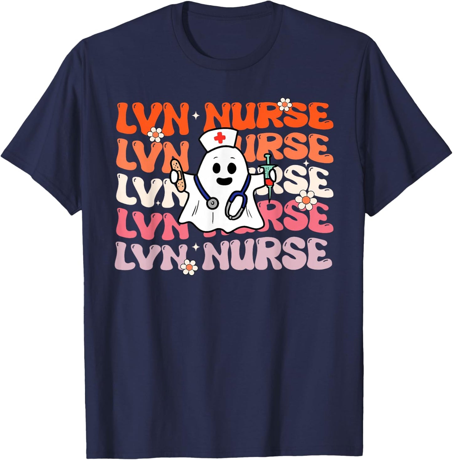 LVN Nurse Groovy Funny Halloween Ghost Nursing Costume T-Shirt - T-Shirt | Navy