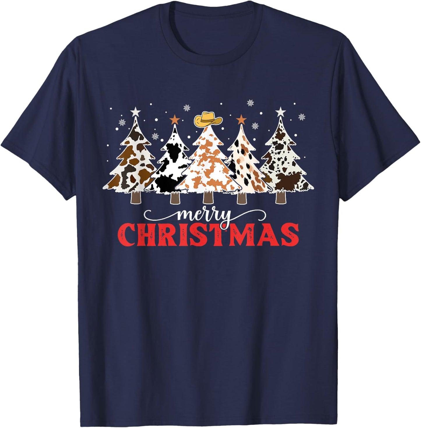 Country Christmas Tree Cowhide Xmas Cow Farm Cowboy Western T-Shirt - T-Shirt | Navy