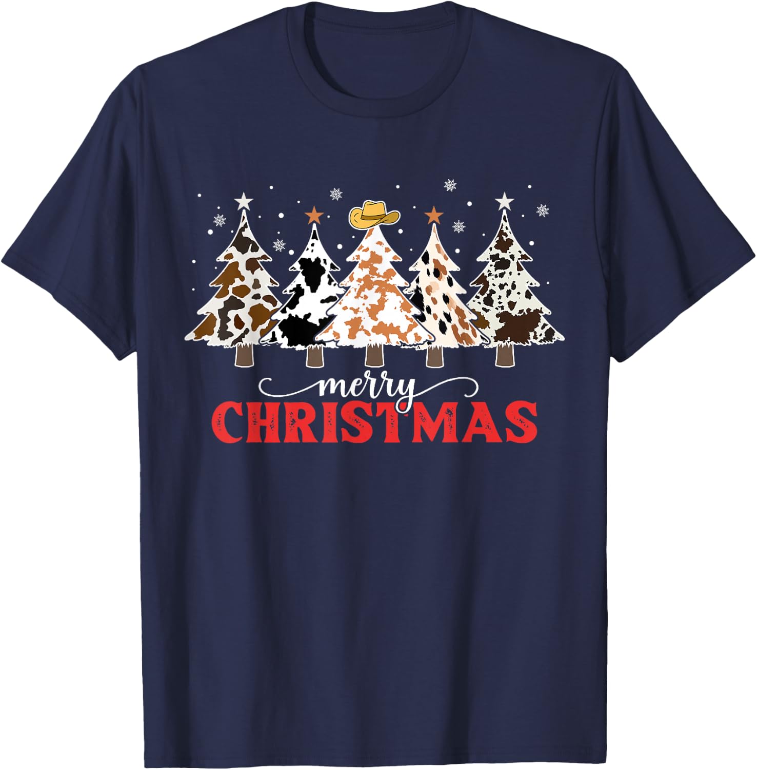 Country Christmas Tree Cowhide Xmas Cow Farm Cowboy Western T-Shirt - T-Shirt | Navy