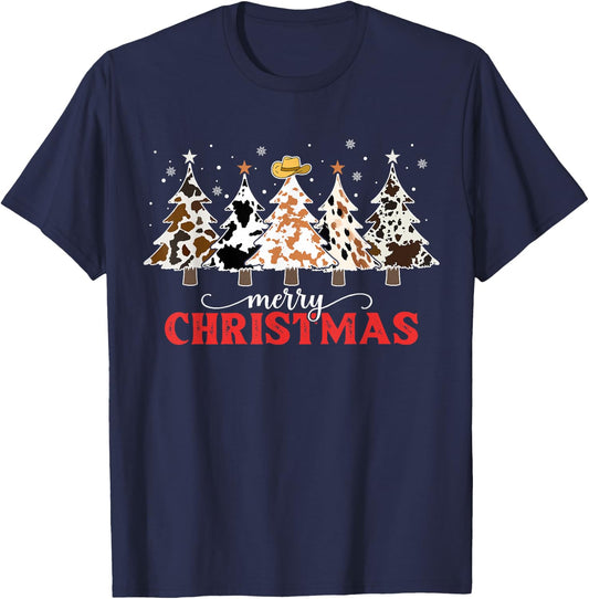 Country Christmas Tree Cowhide Xmas Cow Farm Cowboy Western T-Shirt - T-Shirt | Navy